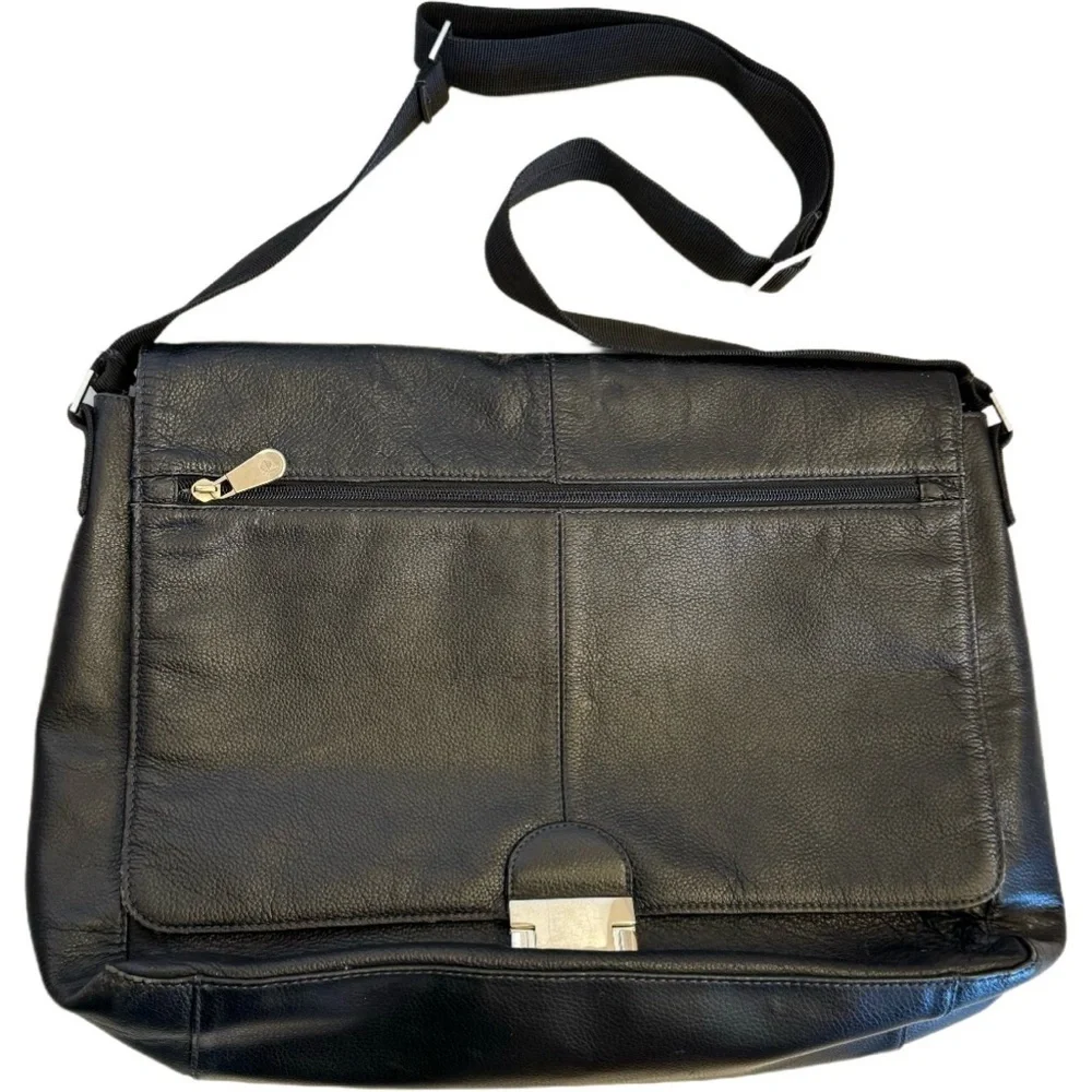 PERRY ELLIS PORTFOLIO Black Leather Briefcase Messenger Bag Business Travel